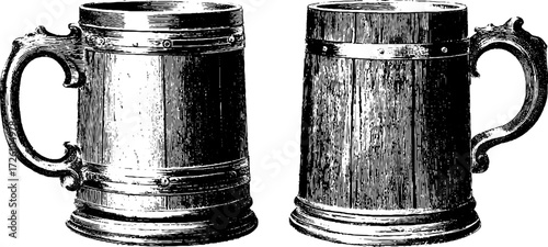 Vintage wooden beer mugs and steins etching for retro design and decor