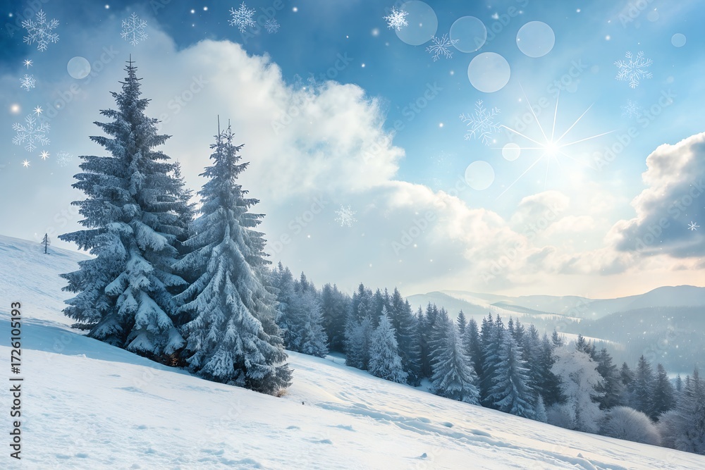 Naklejka premium Winter Wonderland Landscape Featuring Snow Covered Pine Trees Against a Bright Blue Sky and Clouds