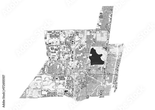 A unique vector map of Pompano Beach, focusing on highways and buildings within an irregularly shaped city boundary.