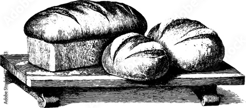 Vintage bread loaves and rolls engraving on wooden board for culinary art and design