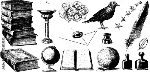 Vintage book and knowledge elements for retro design and education themes