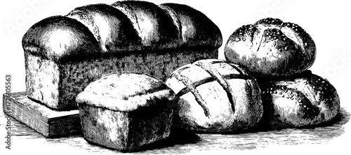 Vintage bread loaves and rolls engraving for rustic bakery design