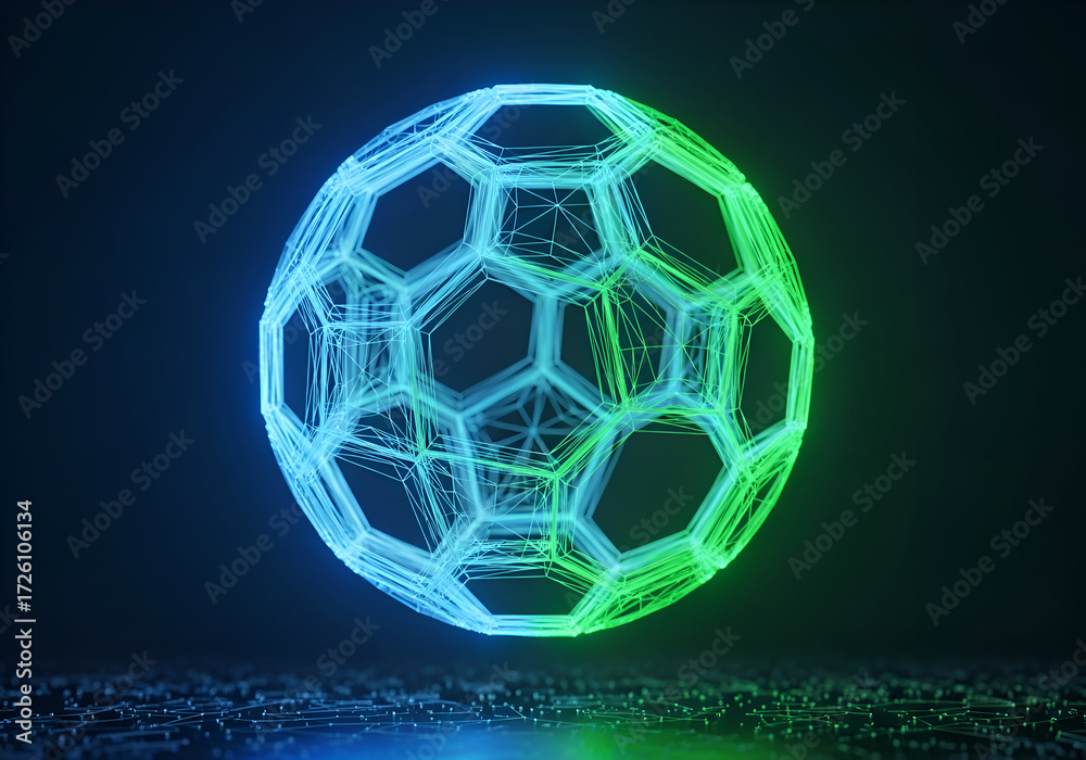 Naklejka premium Futuristic Neon Sphere Abstract 3D Render of a Geometric Structure Glowing in Green and Blue Against a Dark Backdrop