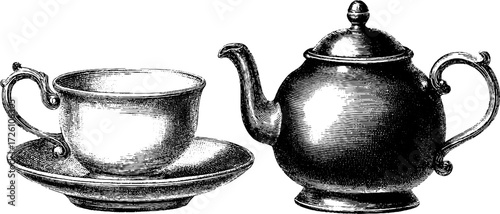 Vintage coffee and tea sets: engraving style teapot and cup sketch for retro design