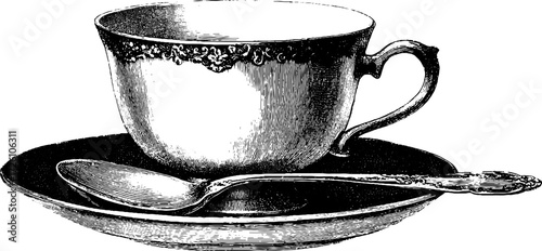 Vintage etched teacup and saucer with spoon for elegant tea time display