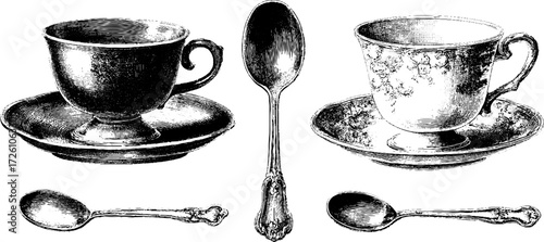 Vintage etching of coffee and tea sets with teacup and spoon sketch for retro design
