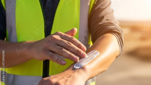 Worker applying sunscreen on arm