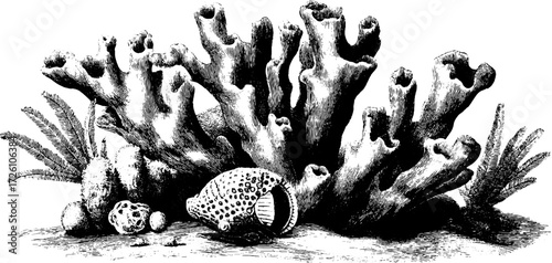 Engraved depiction of coral reef life featuring branching coral and marine elements