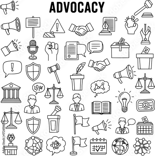 Advocacy Icons Set: Supporting Causes, Justice,  Rights - Vector Illustration