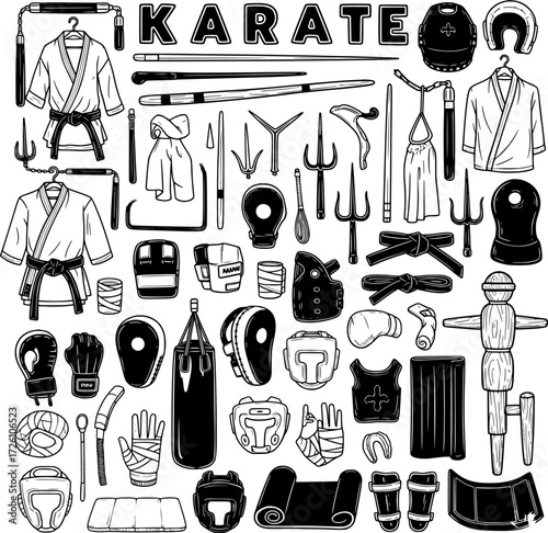 Karate Gear and Equipment: Black and White Illustration