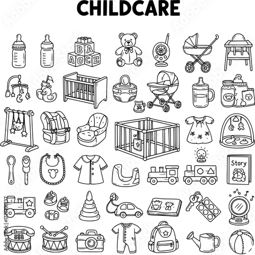 Black and White Doodle Set of Childcare Items, Baby Essentials, Nursery Furniture, and Children's Toys - Hand-Drawn Vector Collection
