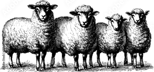 Vintage farm animal illustration of sheep with wool for rustic decor and design