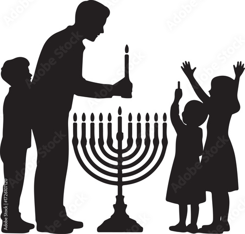 Father and children lighting hanukkah menorah silhouette celebration