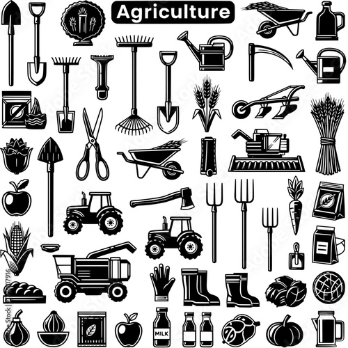 Detailed Agriculture and Farming Vector Icon Set: Garden Tools, Heavy Machinery, Harvested Crops, Fresh Vegetables, and Fruits in Black and White Silhouette