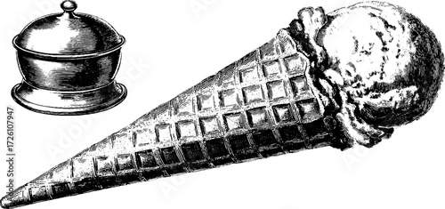 Vintage engraving of an ice cream cone and dish for retro designs