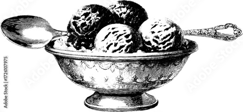 Vintage etching of ice cream treats in ornate bowl - perfect for retro design projects