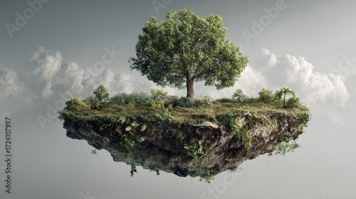 Solitary Green Tree on a Surreal Floating Island Sanctuary Amidst Ethereal Clouds.