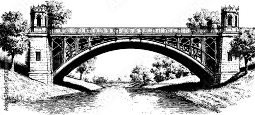 Vintage arched bridge illustration in retro sketch style for design and decor