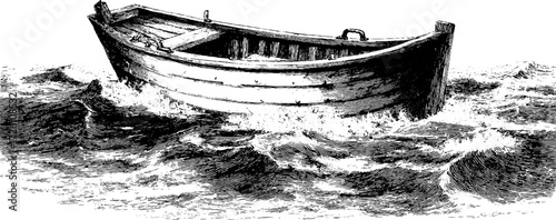 Vintage illustration of boat without sails on stormy sea - perfect for nautical design and retro prints