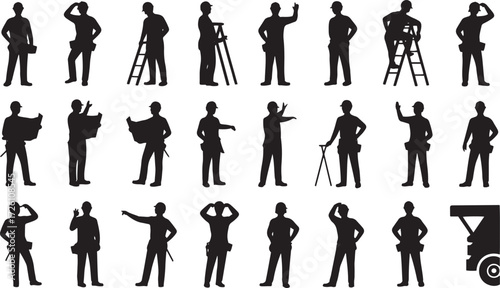 Collection of 24 black silhouette construction workers in various poses and actions builder