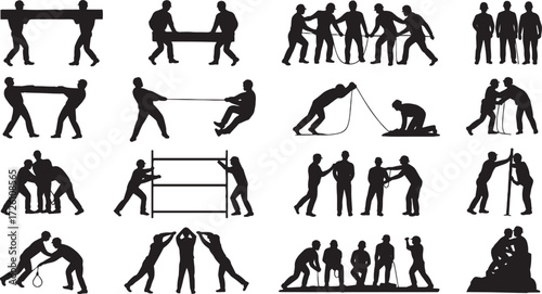 Collection of 24 black silhouette figures engaged in various manual labor and teamwork activities people