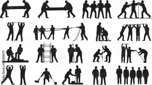 Collection of 24 black silhouette figures performing various manual labor and teamwork tasks people group