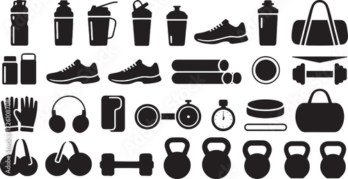 Collection of 30 black silhouette icons for fitness and sports equipment workout exercise