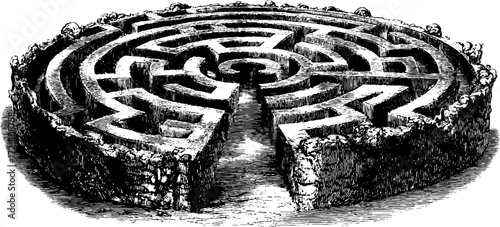 Intricate circular labyrinth top view sketch for puzzle design projects
