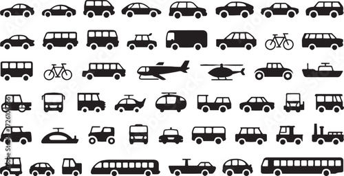 Collection of 75 black vehicle silhouettes including cars buses bicycles airplanes helicopters and boats