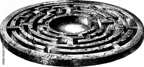 Circular labyrinth top view in vintage hand drawn style for puzzle design