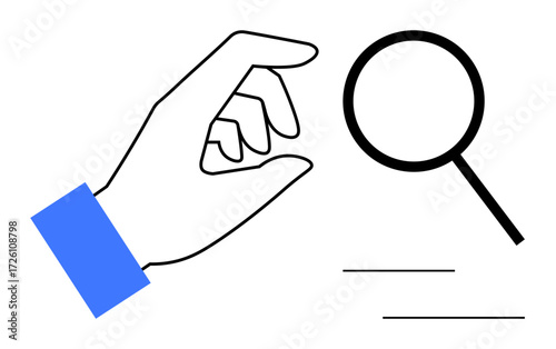 Hand in pinching gesture near magnifying glass, lines below indicating focus or search. Ideal for exploration, discovery, research, focus, analysis, investigation digital search. Minimal flat