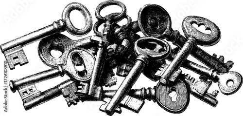Vintage collection of hand drawn old keys for retro design and decor