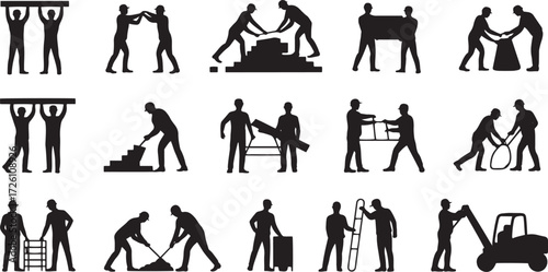 Collection of black silhouette construction workers performing various tasks silhouettes building