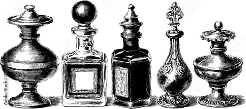 Collection of vintage inkwells in detailed hand-drawn sketch for retro design