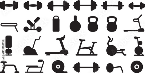 Collection of black silhouette gym equipment icons on white background dumbbell barbell