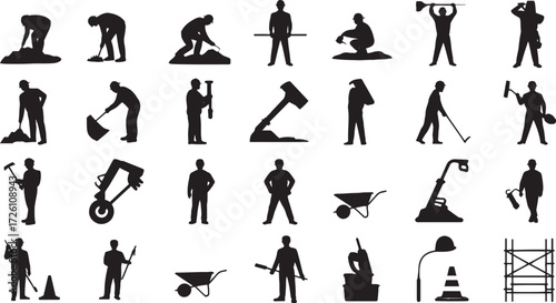 Collection of black silhouettes of construction workers and equipment construction worker silhouette