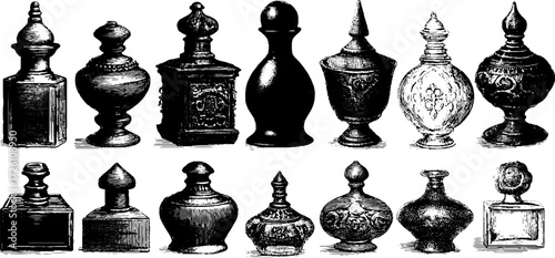 Vintage inkwell collection - retro engraved sketch for design and decoration