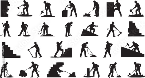 Collection of black silhouettes of construction workers performing various tasks black and white manual labor