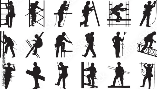 Collection of black silhouettes of construction workers performing various tasks on scaffolding and ladders