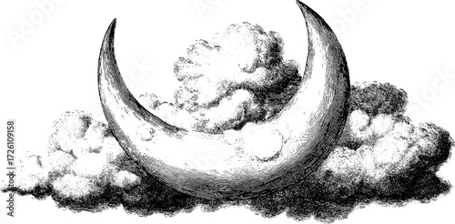 Vintage crescent moon with swirling clouds - hand drawn nighttime scene