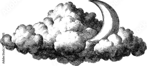 Crescent moon and swirling clouds in vintage engraving art for retro design