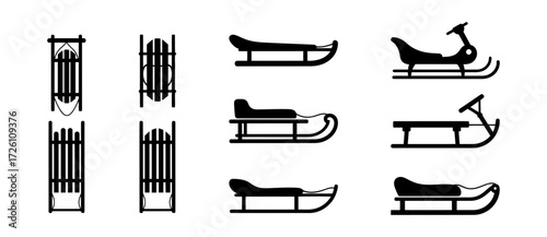 Collection of Sled Silhouette Graphics in a Vector Format on White Background
