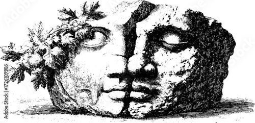 Artistic face fusion of stone and floral elements - vintage design for decor and print