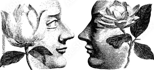 Duality of nature and humanity: face merging stone with flower in vintage art