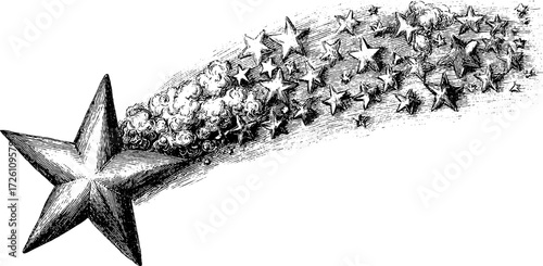 Vintage hand-drawn illustration of a falling star with long hatched tail for retro design