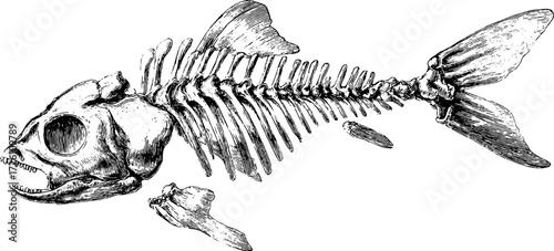Vintage sketch of fish skeleton on sand for retro design
