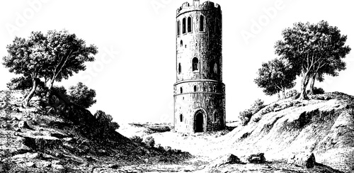 Fortress tower landscape in vintage engraving style for historical design