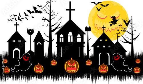 Halloween Spooky Moon Ghosts Pumpkins Haunted Night Scene with Bats & Webs Vector Illustration editable and usable anywhere.