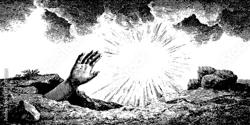 Mysterious hand reaching from ground toward radiant light in vintage style sketch