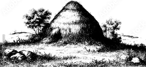 Rustic haystack in a scenic field with trees - vintage style engraving for print design